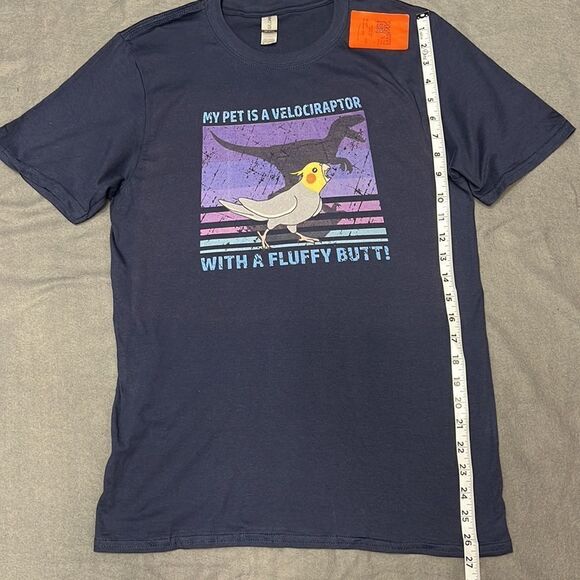 My Pet is a Velociraptor with a Fluffy Butt Blue Graphic Tee Size Small - Picture 6 of 6